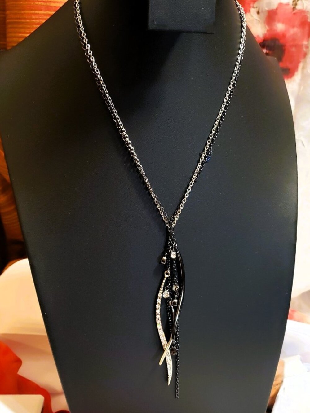 Vintage Guess Gunmetal Spike & Crystal Fringe Statement Necklace Y2K